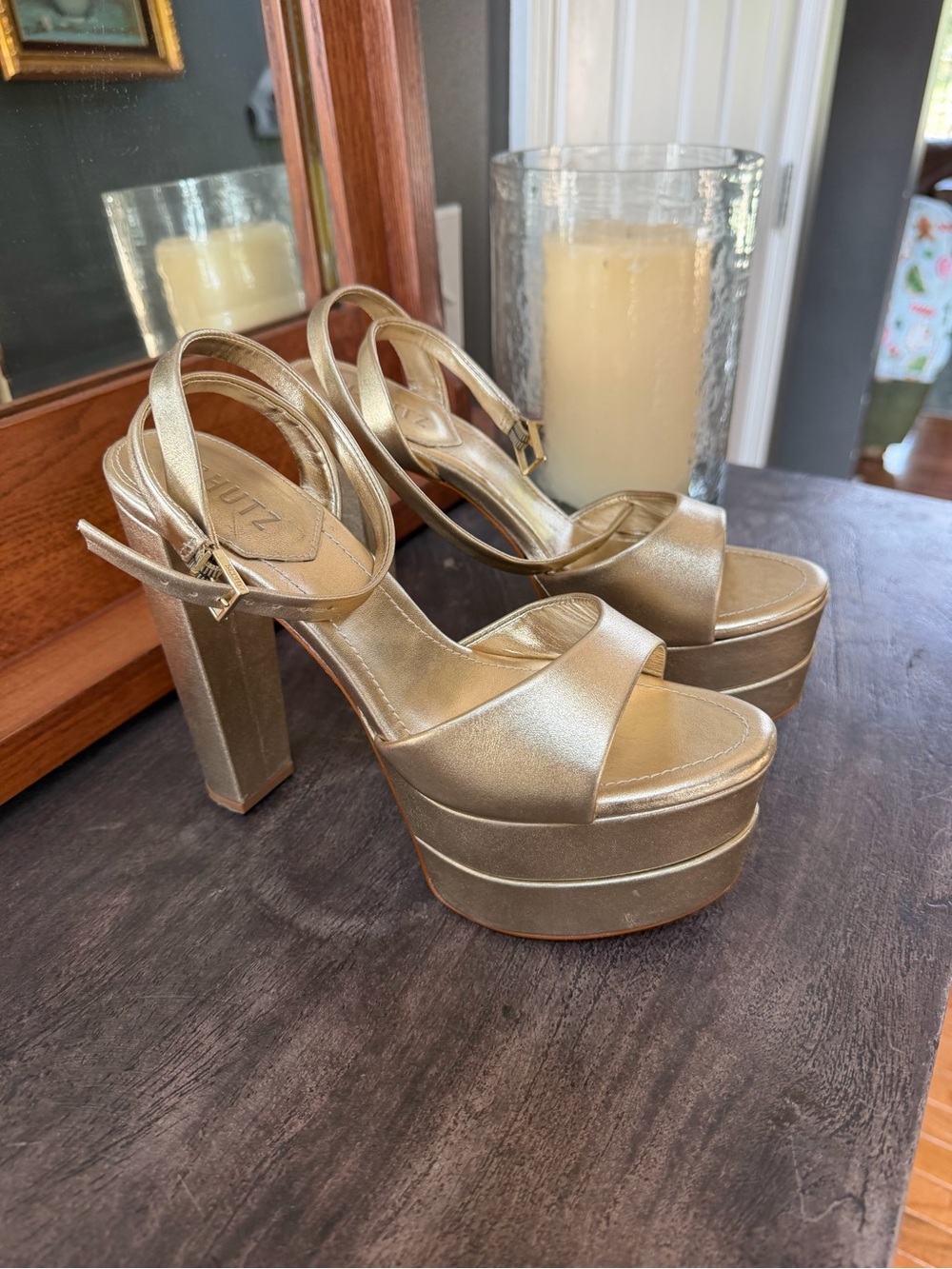 SCHUTZ Metallic Gold Platform Block Sandals - Picture 4 of 9